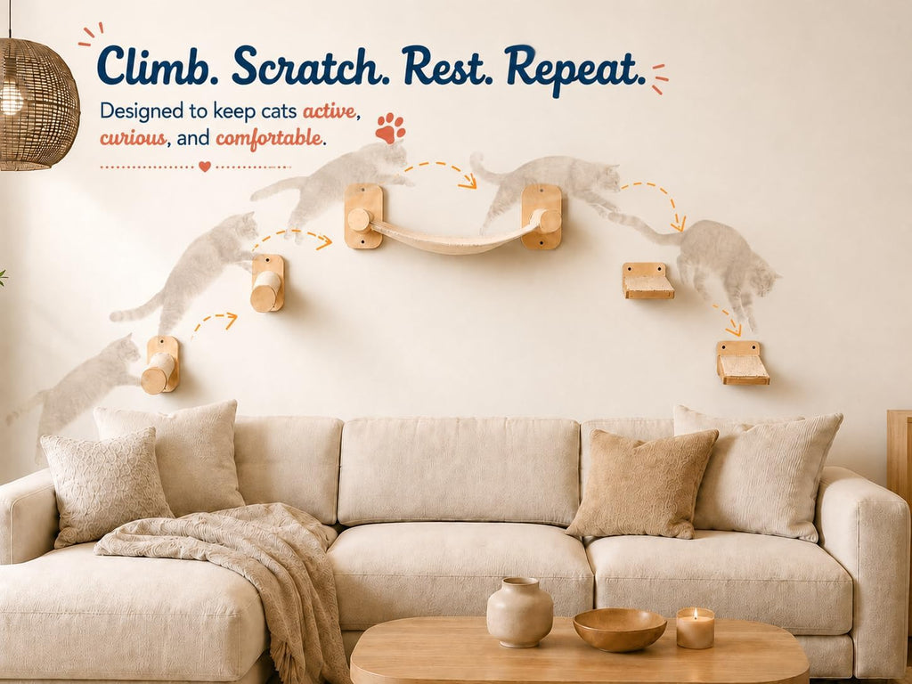 Cat Wall Shelves 6-in-1 Wall Mounted Cat Furniture with Perch & Hammock, Wooden Climbing Shelves with Scratching Post