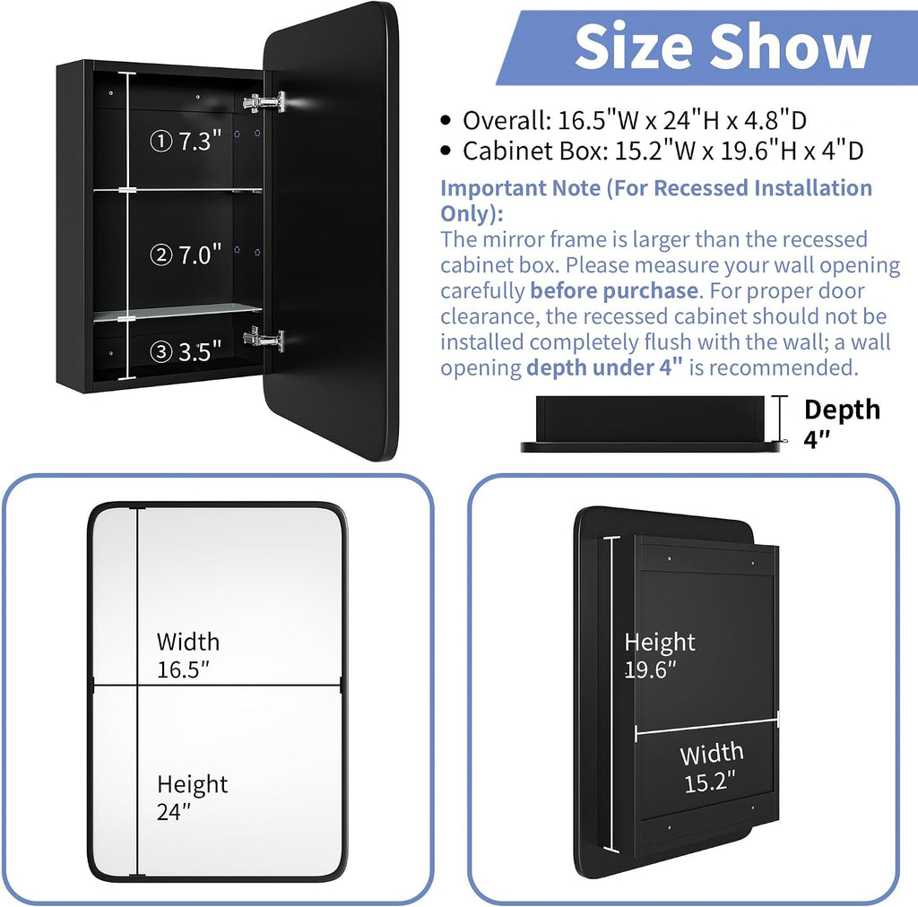 Medicine Cabinet with Black Metal Frame Mirror, Overall 16.5"x24" | Bathroom Wood Wall Cabinet with Mirror
