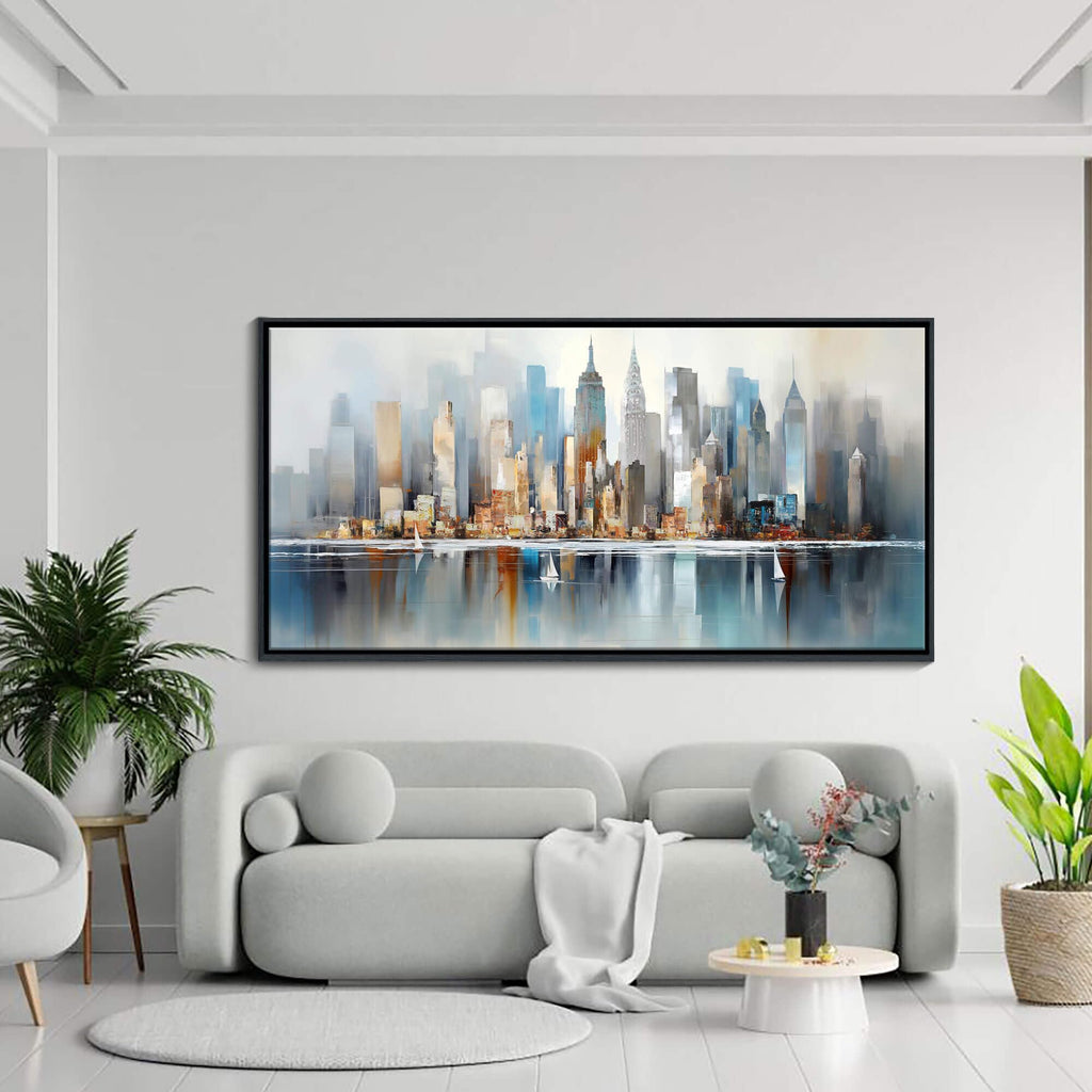 York City Skyline Abstract - Modern Manhattan City View Painting Decor - Large Framed Cityscape Wall 20"x40"