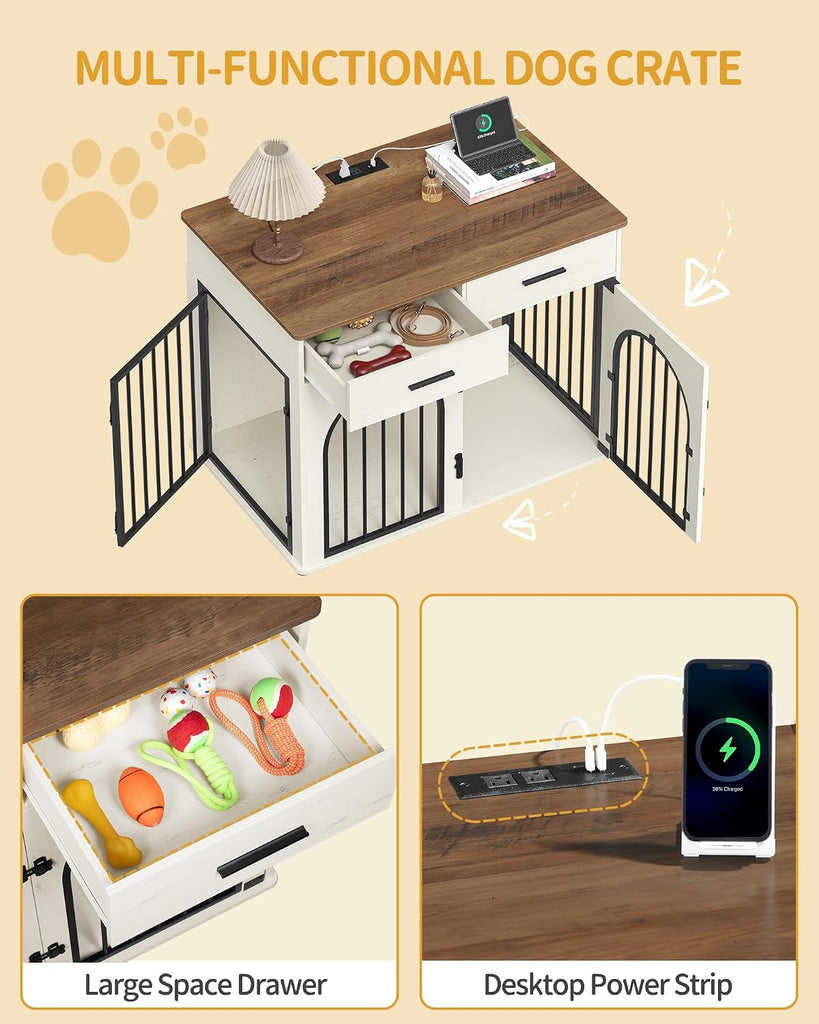 Dog Crate Furniture with Storage & Power Indoor Dog Kennel