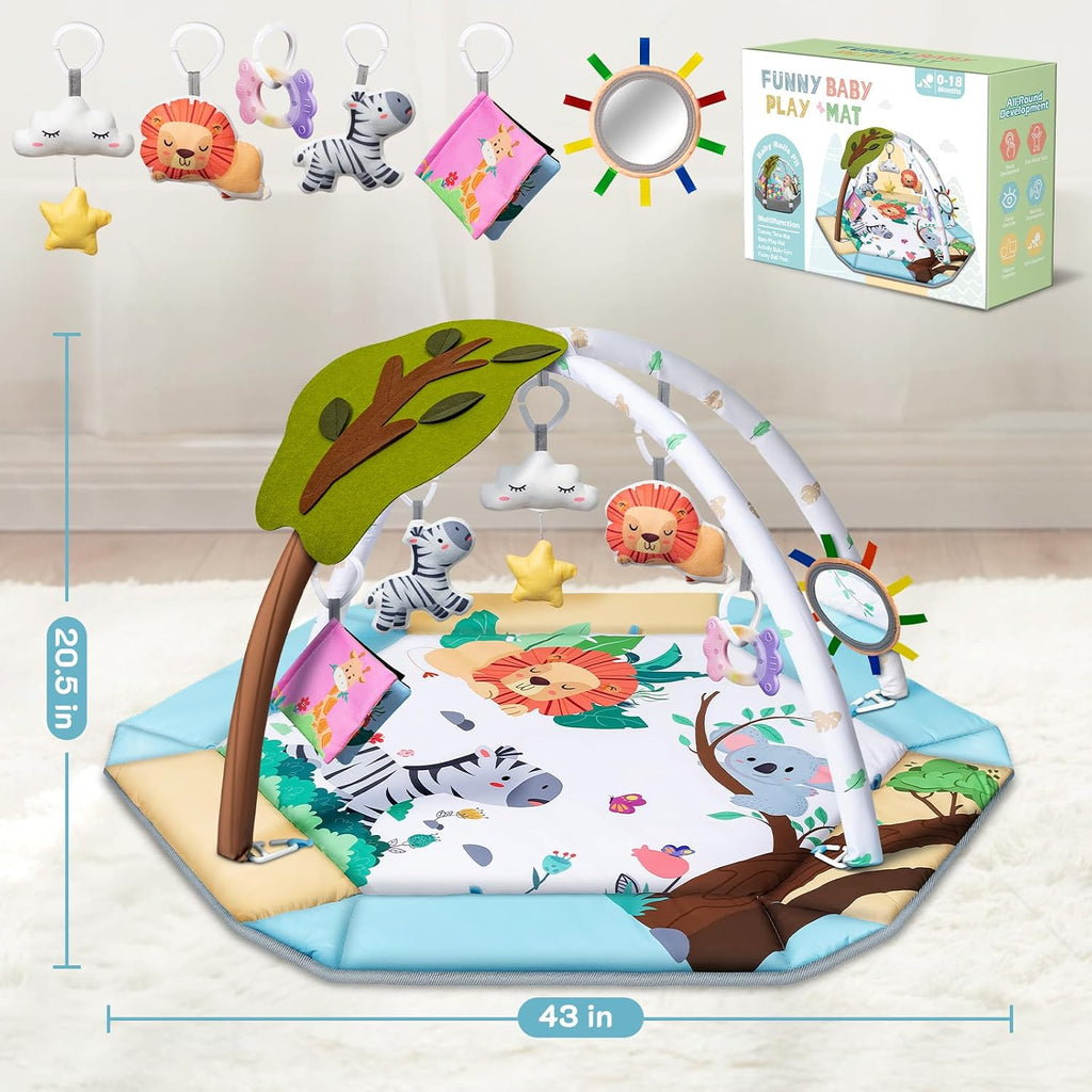 Gym Play Mat, in-1 Tummy Time Mat & Ball Pit with 6 Toys, Washable Baby Activity Play Mat for Visual, Hearing