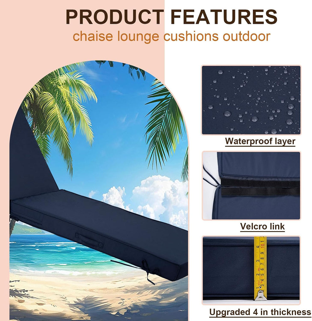 Chaise Lounge Cushions Outdoor Set of 2, Waterproof & Fade Resistant Patio Lounger Cushions, Replacement Sun Lounger
