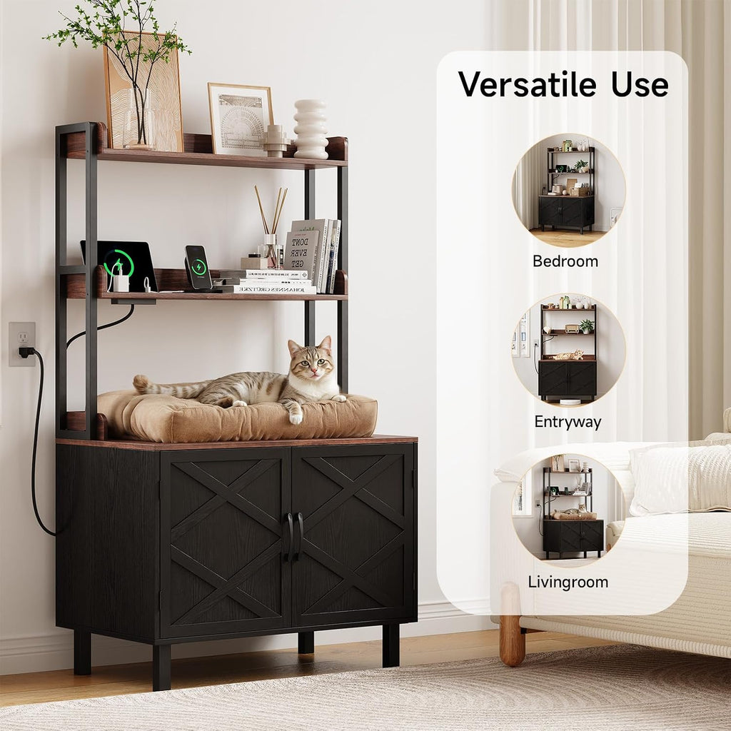 55 Inches Cat Litter Box Enclosure with 2 Storage Shelves, Black