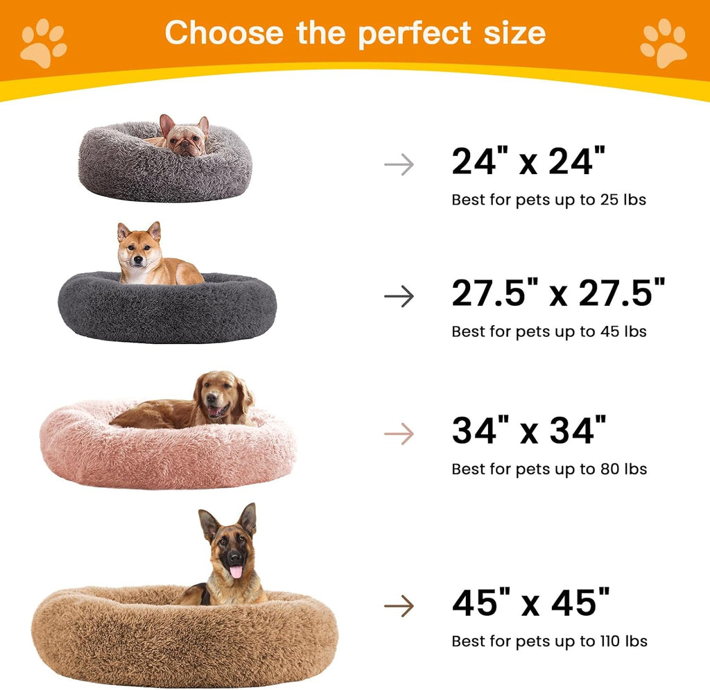 Calming Dog Beds for Large Dogs, Faux Fur Donut Cuddler Dog Bed, Round Fluffy Pillow, Washable Pet Bed for Dogs Up to
