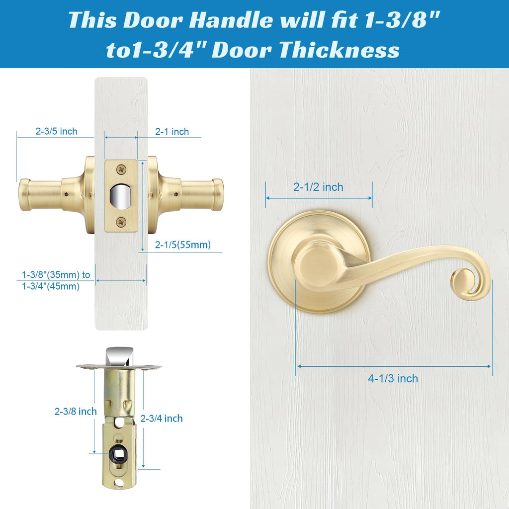 5 Pack Gold Satin Brass Door Handles, Wave Handle, Brushed Brass