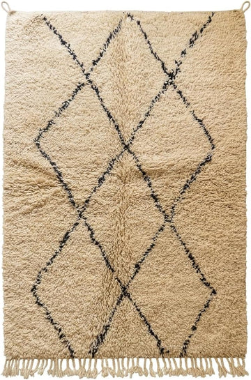 Wool Rug 6' x 9' - Handmade Berber Shag Area Rug, Beni Ourain Style, Ivory/Cream with Charcoal Ladder Diamond Pattern