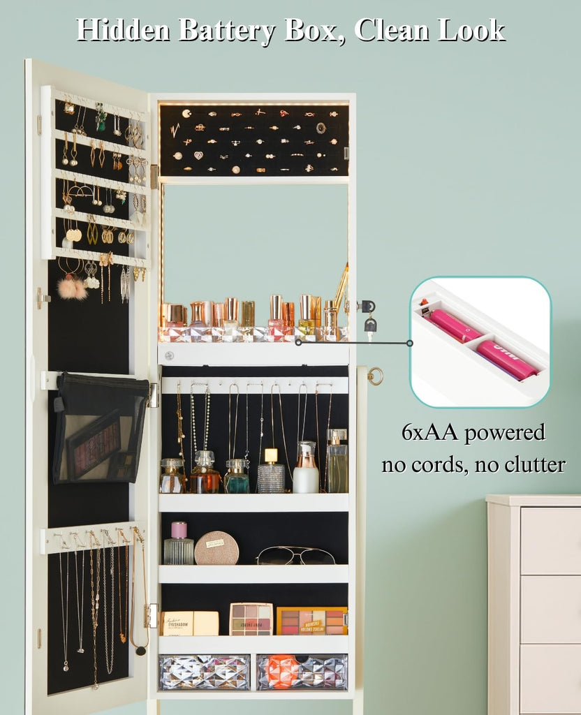Full‐Length Standing Jewelry Armoire, 60 in Mirror with Storage
