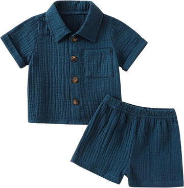 Baby Boys Clothes Set Toddler Infant Boys Button-down Shirt Tops + Cotton Gauze Shorts Summer Outfit 2PCS with Pockets