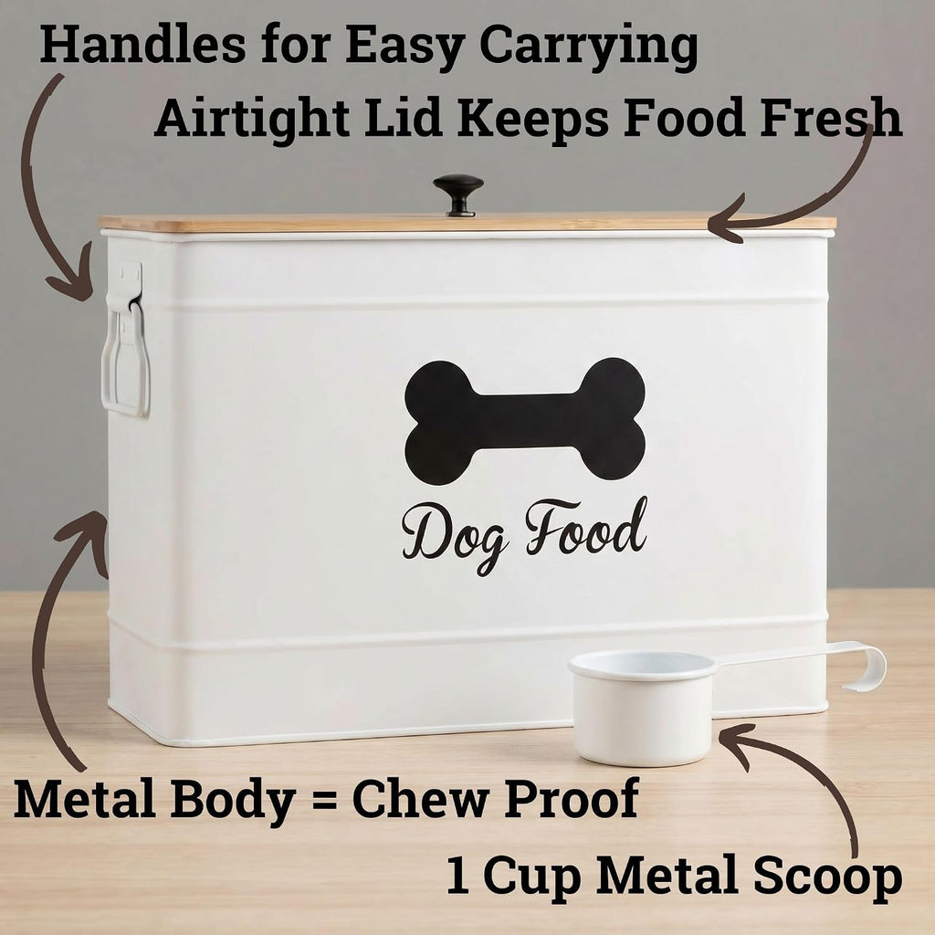 Metal Dog Food Container 15-20 lbs w/ Airtight Bamboo Lid, 70 Cup Capacity