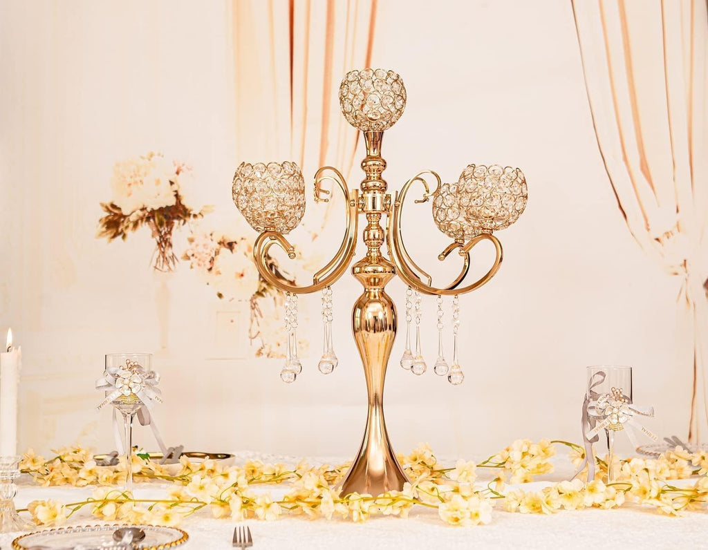 Gold Centerpiece for Table, 25.6in Candle Holder for Table Centerpieces, 5Arms Tall Crystal Candelabra Candle Holder