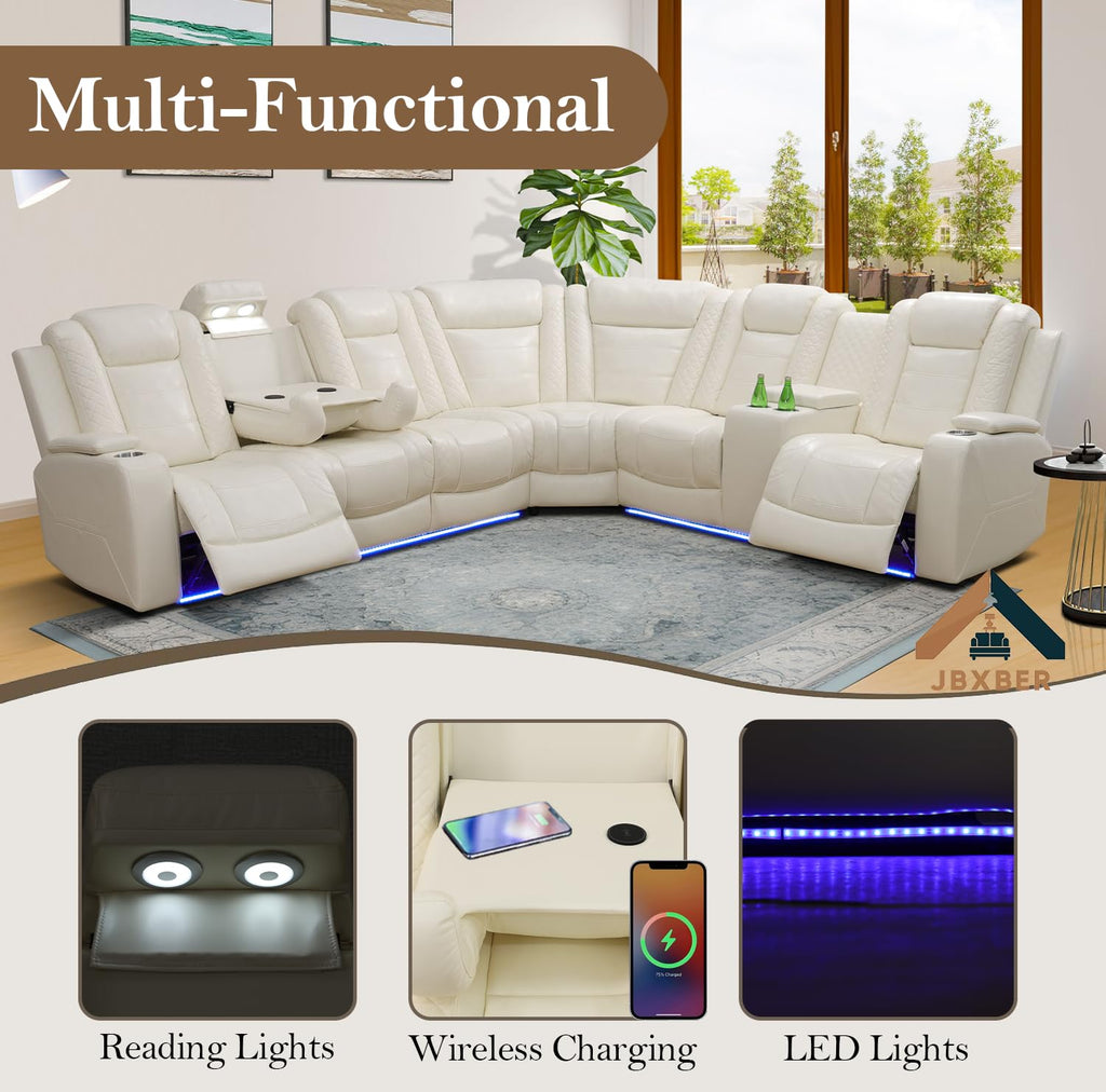 Power Recliner Sectional Sofa Set, Creamy Leather Sectional Couch, L Shape Reclining Sofa with Cup Holder, Hidden