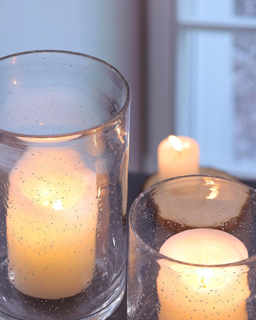 Hurricane Candle Holder Set of 3 Clear Candle Holders for Pillar Candles, Seeded Bubbles Glass Candle Holder for