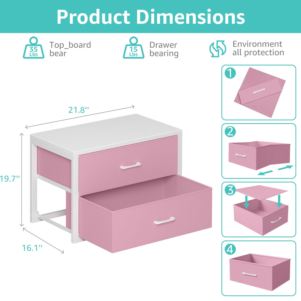 Stackable Closet Drawers for Clothes Organizers and Storage Fabric Pink 2 Drawer Dresser 2 Packs Modern Large