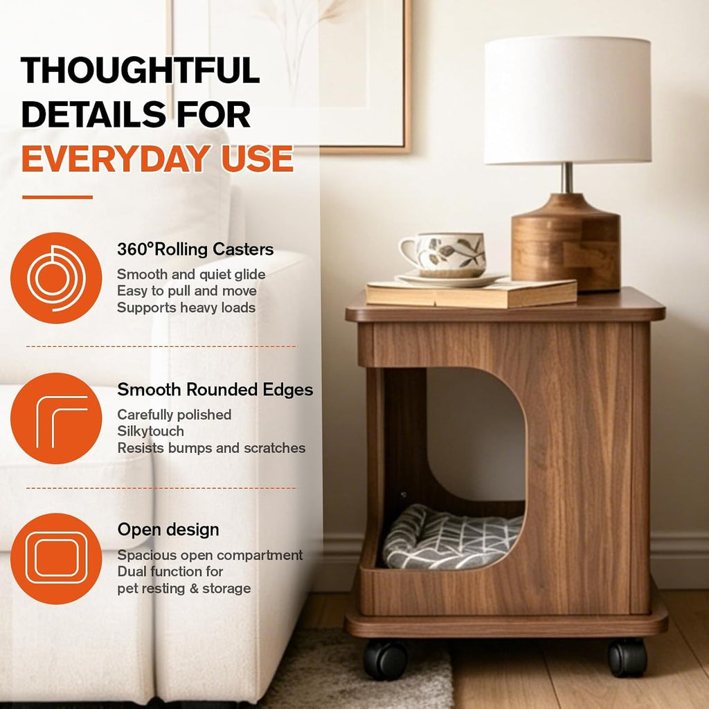 Wooden Cat Bed Side Table 2-in-1, Elevated Cat Hideaway Cave House with Cushion, Sturdy Pet End Table Furniture