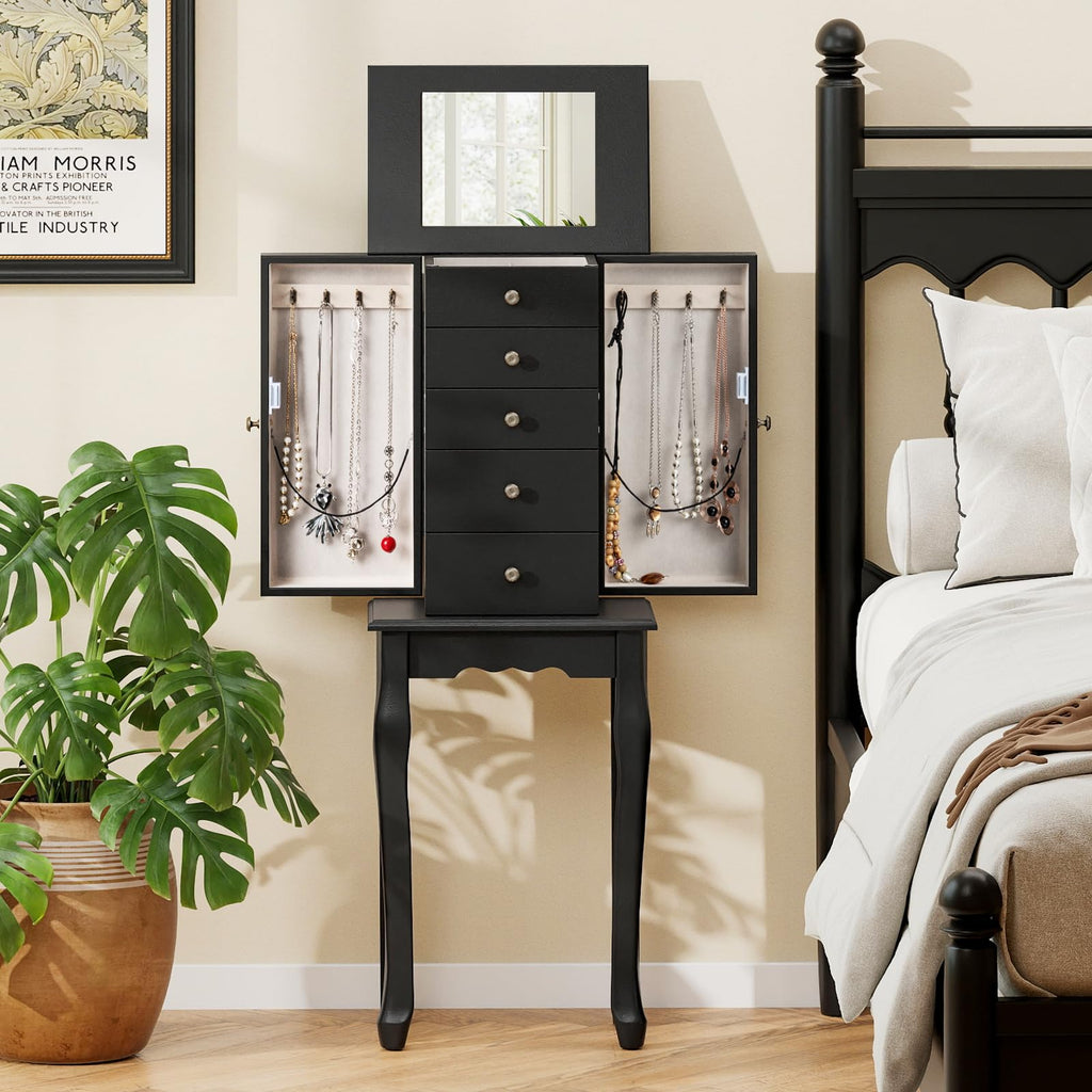 Standing Jewelry Cabinet Armoire with Top Flip Mirror, Jewelry Box Chest with 4 Drawers, Top Compartments, 8 Necklace