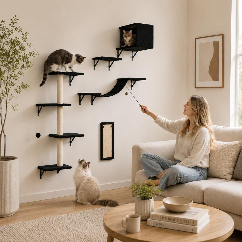 Modern Wall-Mounted Cat Furniture - 5pcs Cat Wall Shelves, Wooden Climber Includes House, Bridge, Tree, Steps