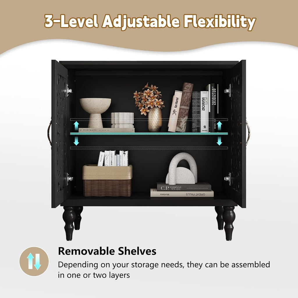 Vintage Accent Cabinet with 2 Doors, Credenza | Hand Painted Carved Door Sideboard & Buffet Cabinet, Wood Storage