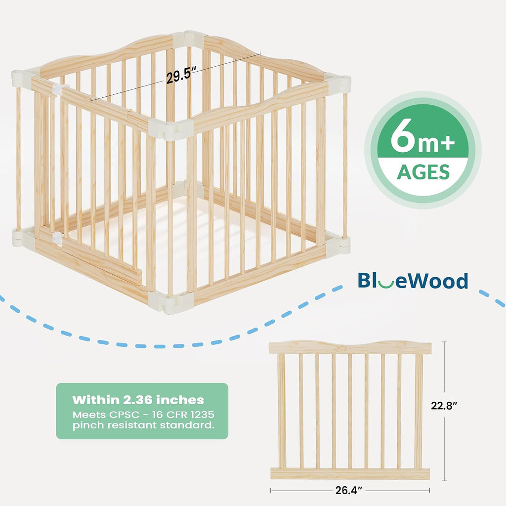 Foldable Wooden Playpen - Adjustable Wood Baby Play Yard with Child-Proof Lock, Indoor Large Safety Fence for Babies