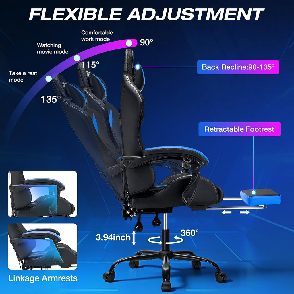 RGB Gaming Chair with Massage & Footrest Racing Style Computer Chair-Blue | Reclining Gamer Chair with LED Lights