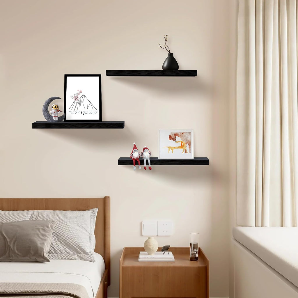 Floating Shelves for Wall Set of 3, 16 Inch Black Floating Shelves Bedroom | Smooth Black Finish, Engineered Wood