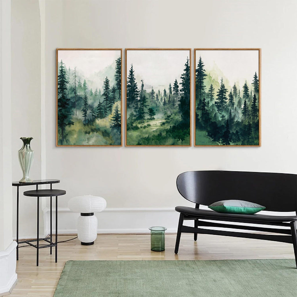 Watercolor Forest Framed Canvas Wall Art Set, Modern Pine Tree Wall Painting, Nature Foggy Landscape Wall Decor