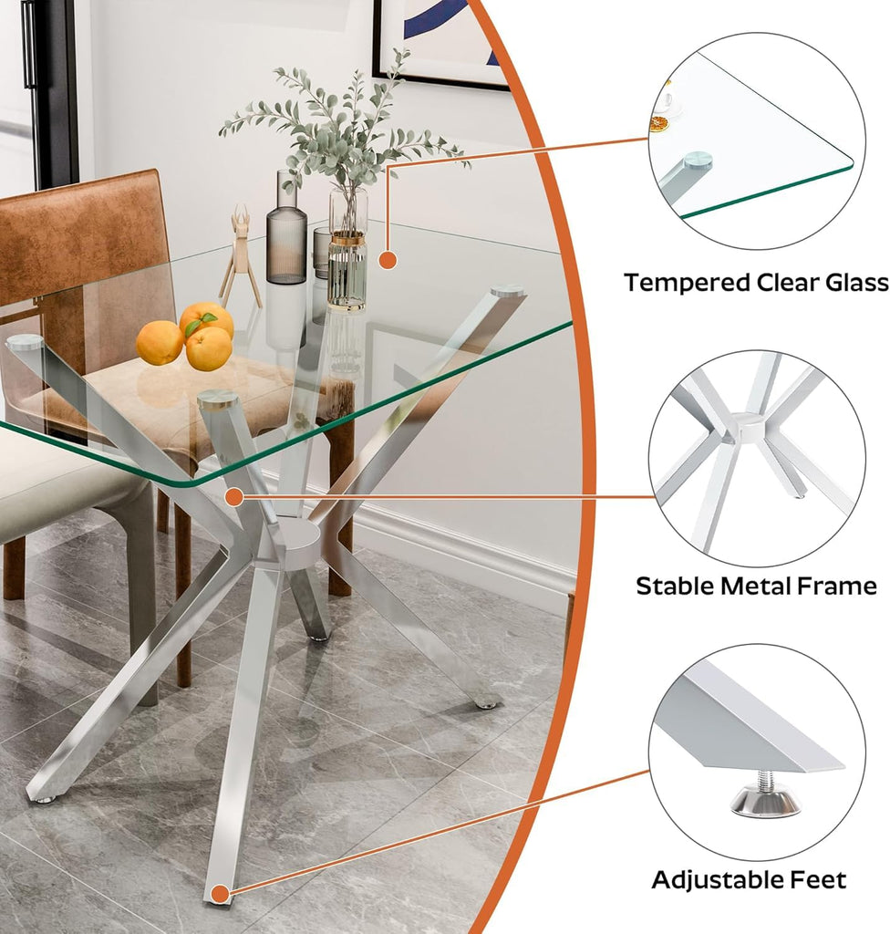 Modern Rectangular Glass Dining Table Set of 6, 47'' Minimalism Kitchen Table with 6 White Silver PU Leather High