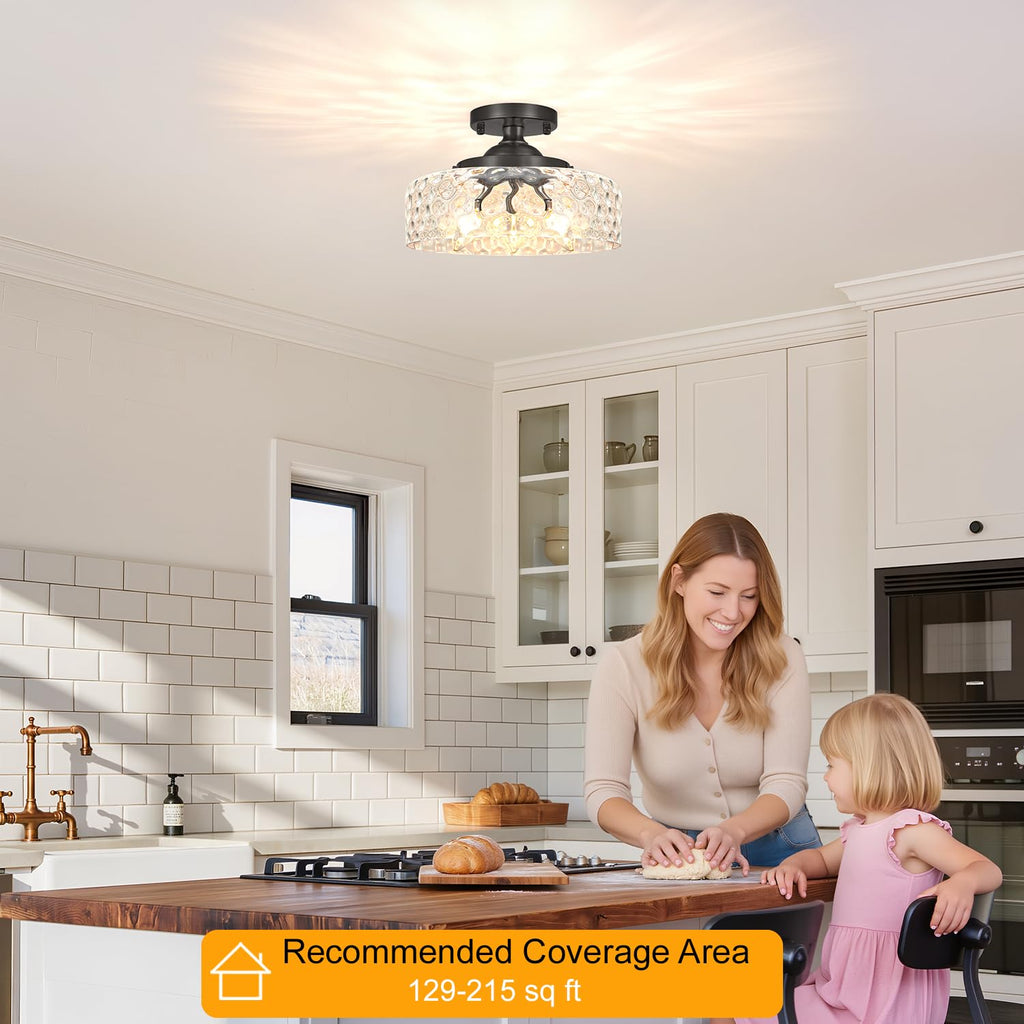 Black Semi Flush Mount Ceiling Light, 3-Light Ceiling Light with Hammered Glass, Vintage Hallway Lights, Closet Light