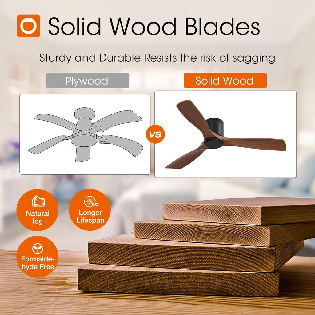 52 inch Ceiling Fans No Lights, Low Profile Ceiling Fan with Remote Control, Flush Mount, Reversible, 3 Wood Blades, 6 Speeds, Noiseless, Black Walnut Ceiling Fan for Indoor/Outdoor Use A103-B0DY7MVX2L