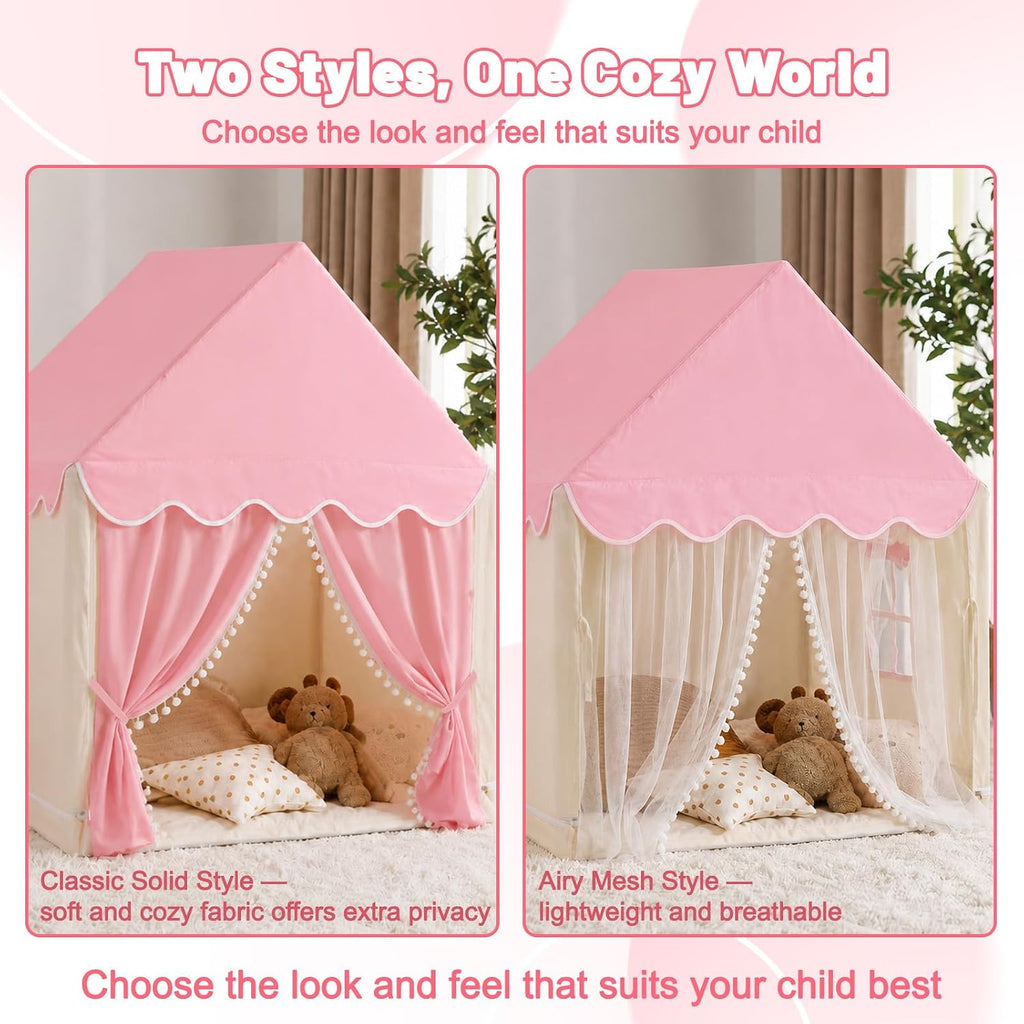 Kids Play Tent Indoor Playhouse, Princess Tent with Mat & Star Lights Pink