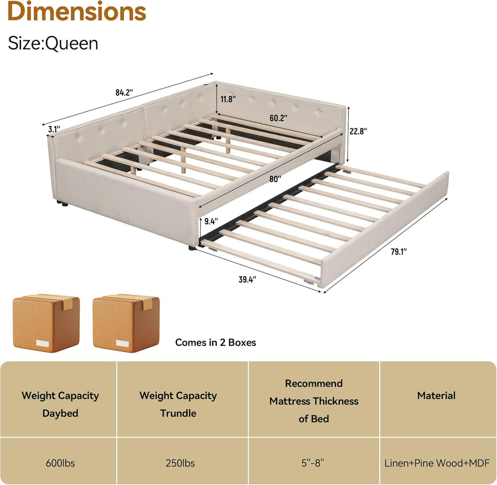 Queen Size Daybed with Storage and USB, Modern Cloud Bed Frame with Twin Size Trundle, Linen Upholstered Platform