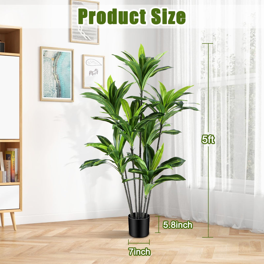 Dracaena Artificial Plant Indoor 5FT - Large Tropical Fake Tree with Lifelike Leaves - Tall Faux Floor Plant in Pot