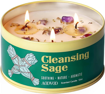 Sage Candle for Cleansing - 3 Wick 12oz Large Scented Candle with Crystals & Sage Leaves Inside, Soy Candles Non - Set of 12