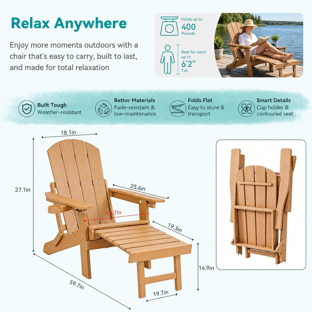Folding Adjustable Adirondack Chair Set of 2 with Footrest, HDPE Adirondack Chair with Cup Holders & Phone Slot