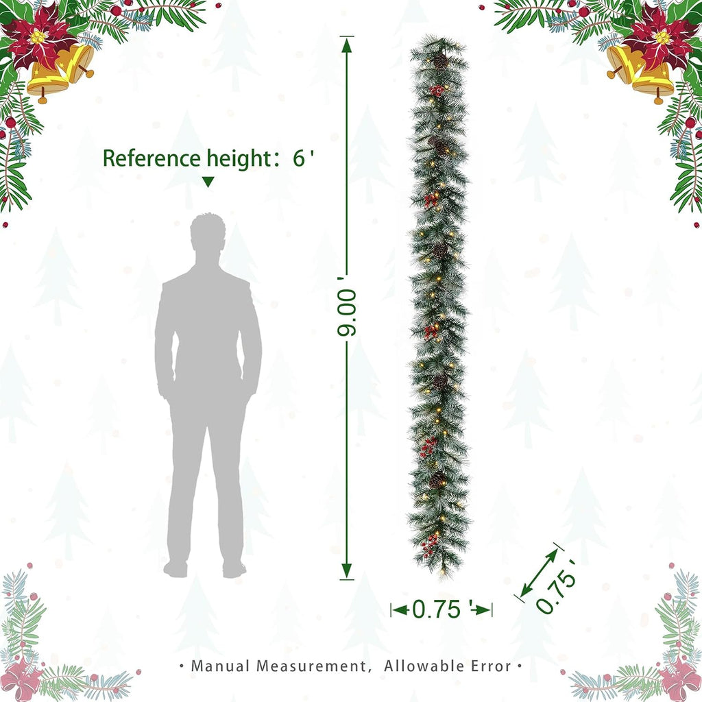 With Lights, Prelit Greenery Garland Pine Cones and Red Berries Christmas Garland for Mantle, Pine Garland with 50