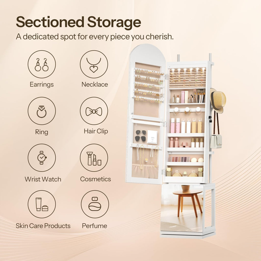 360° Swivel Jewelry Cabinet with LED Lights, Standing Jewelry Organizer with Storage Shelf, Arched Full-Length
