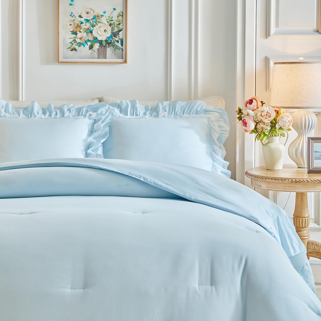 King Size Comforter Set Blue, 3pcs Lace Ruffled Bedding Comforter Set, Microfiber Vintage Boho Chic Bedding Set for