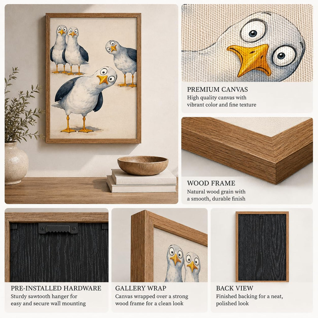 Funny Seagull Wall Art, Coastal Bird Framed Decor, Beach House Artwork