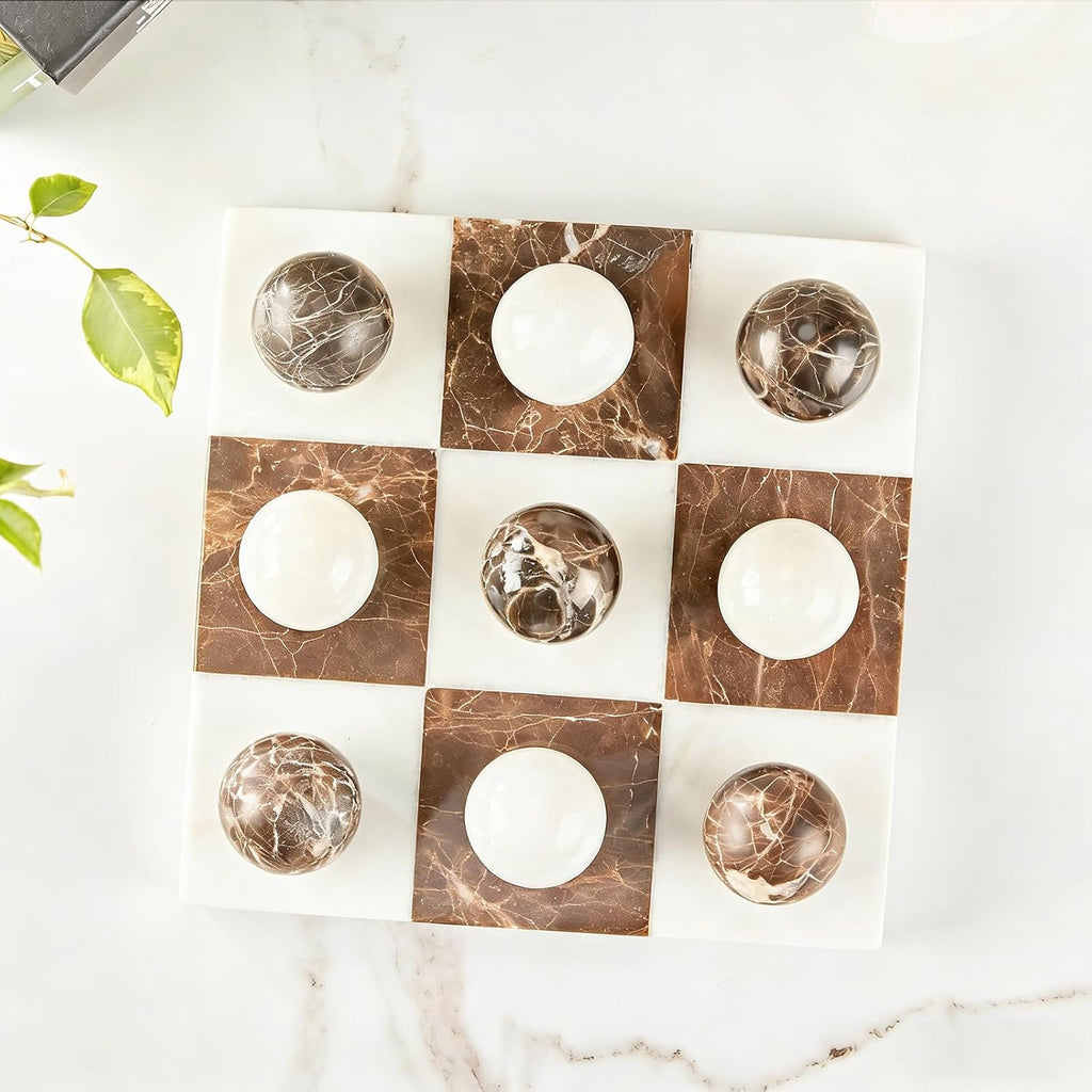 Marble Tic Tac Toe Game Set, Marble Board Game with 9 Spheres, Modern Handcrafted Coffee Table Decor & Family