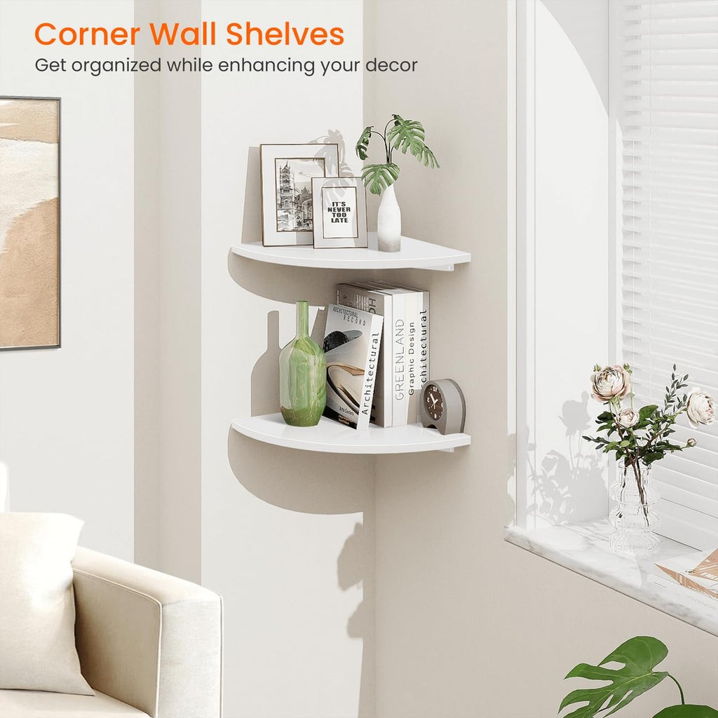Corner Wall Shelf, 12 in Wide Rounded Corner Shelf Floating, Set of 2 Wooden Hanging Corner Shelves with Wire Hole