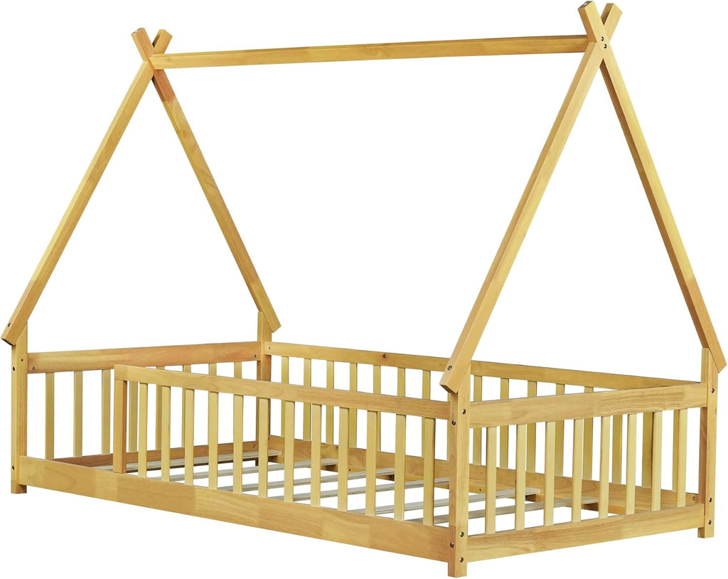 Twin Size Floor BedFrame for Kids, Wooden Montessori Floor Beds, Tw Bed for Kids Girls Boys, Tent beds, Natural