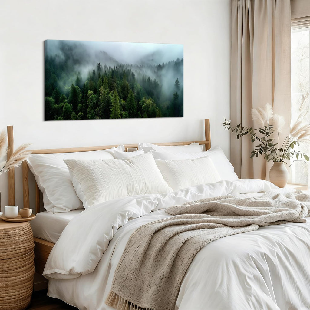 Forest Canvas Wall Art Misty Green Mountain Pine Tree Wall Decor Vintage Nature Foggy Scenery Picture Bedroom Cloudy
