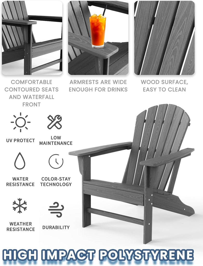 Farmhouse Adirondack Chair Wood Texture, Poly Lumber Patio Chairs, Pre-Assembled Weather Resistant Outdoor Chairs for