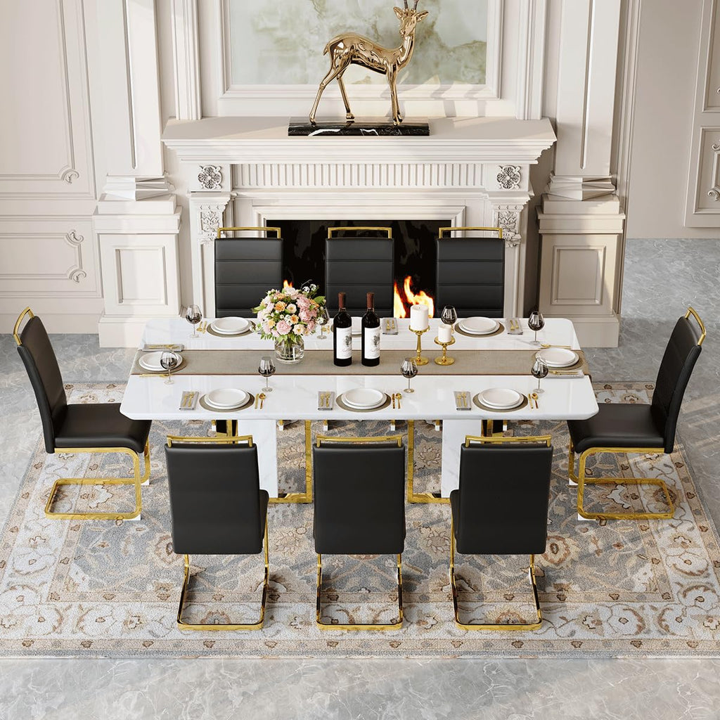 79" White Gold Marble Dining Table for 8-10