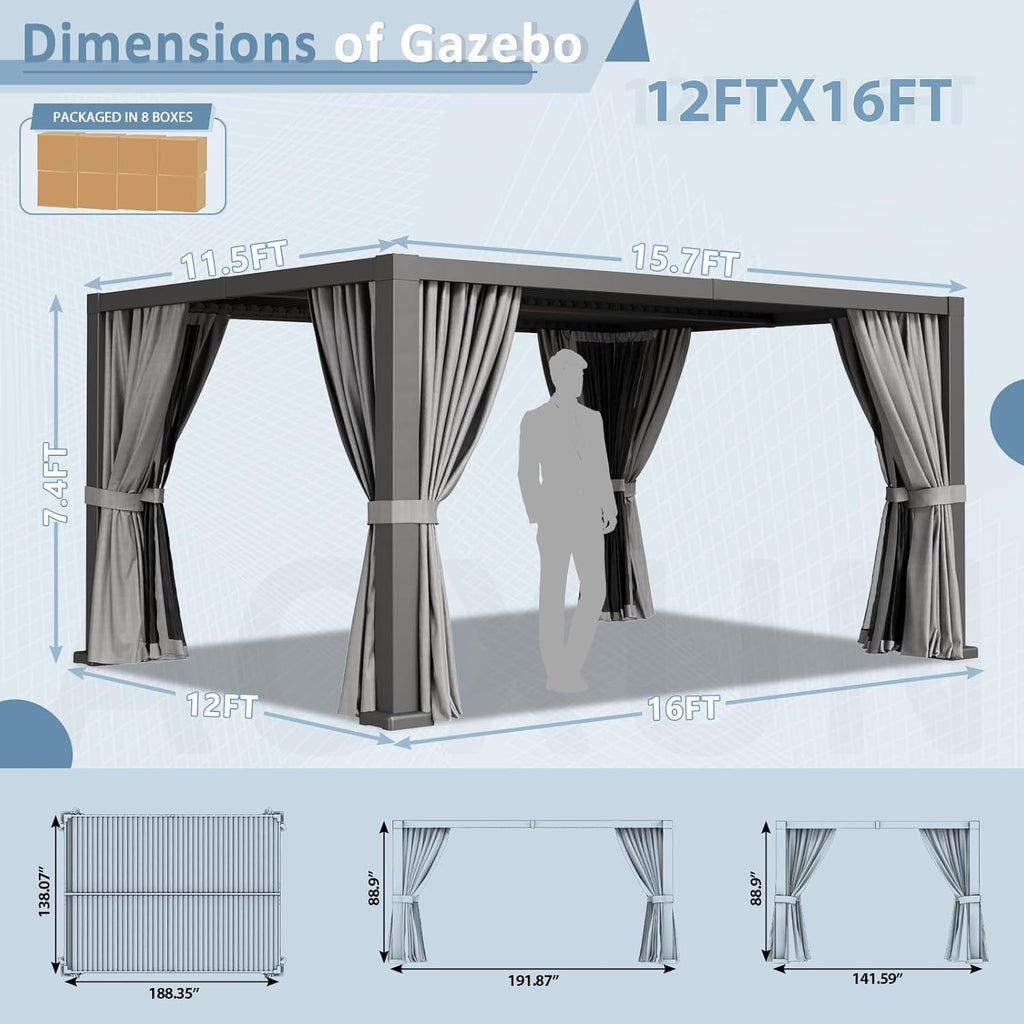 Aoxun Louvered Pergola 12' x 16' Outdoor Aluminum Pergola Adjustable Roof, with Waterproof Curtains and Nets
