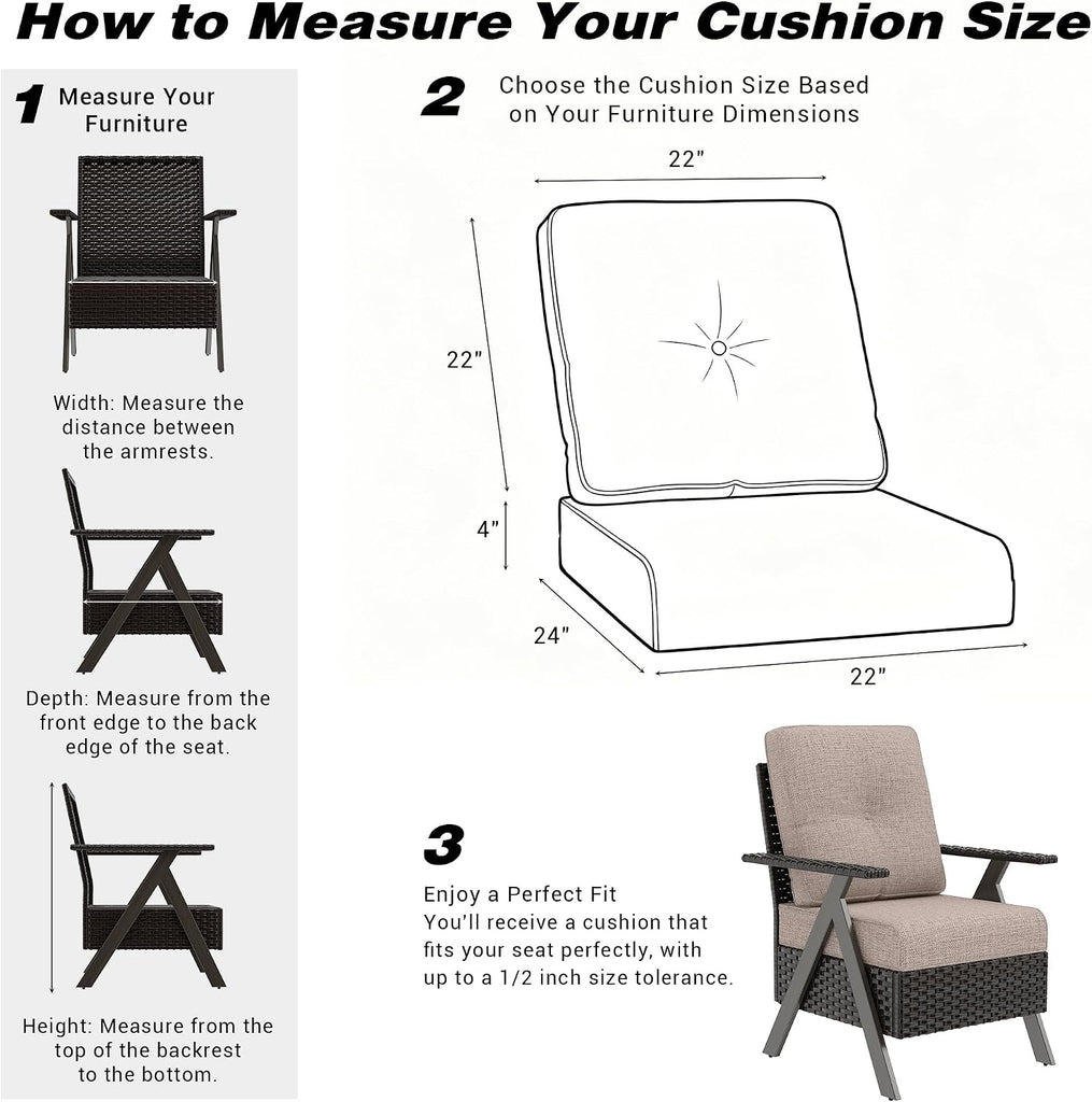 Outdoor Deep Seat Cushions Set, 22x24 Inch Thick Patio Chair Cushion with Removable Cover, Water & Fade Resistant