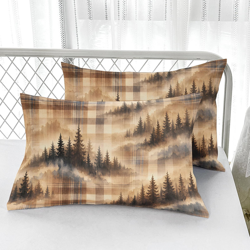 Woodland Pine Fitted Sheet Set, Beige Check 3-Piece Soft Microfiber Bedding with 2 Pillowcases, 16 Inch Deep