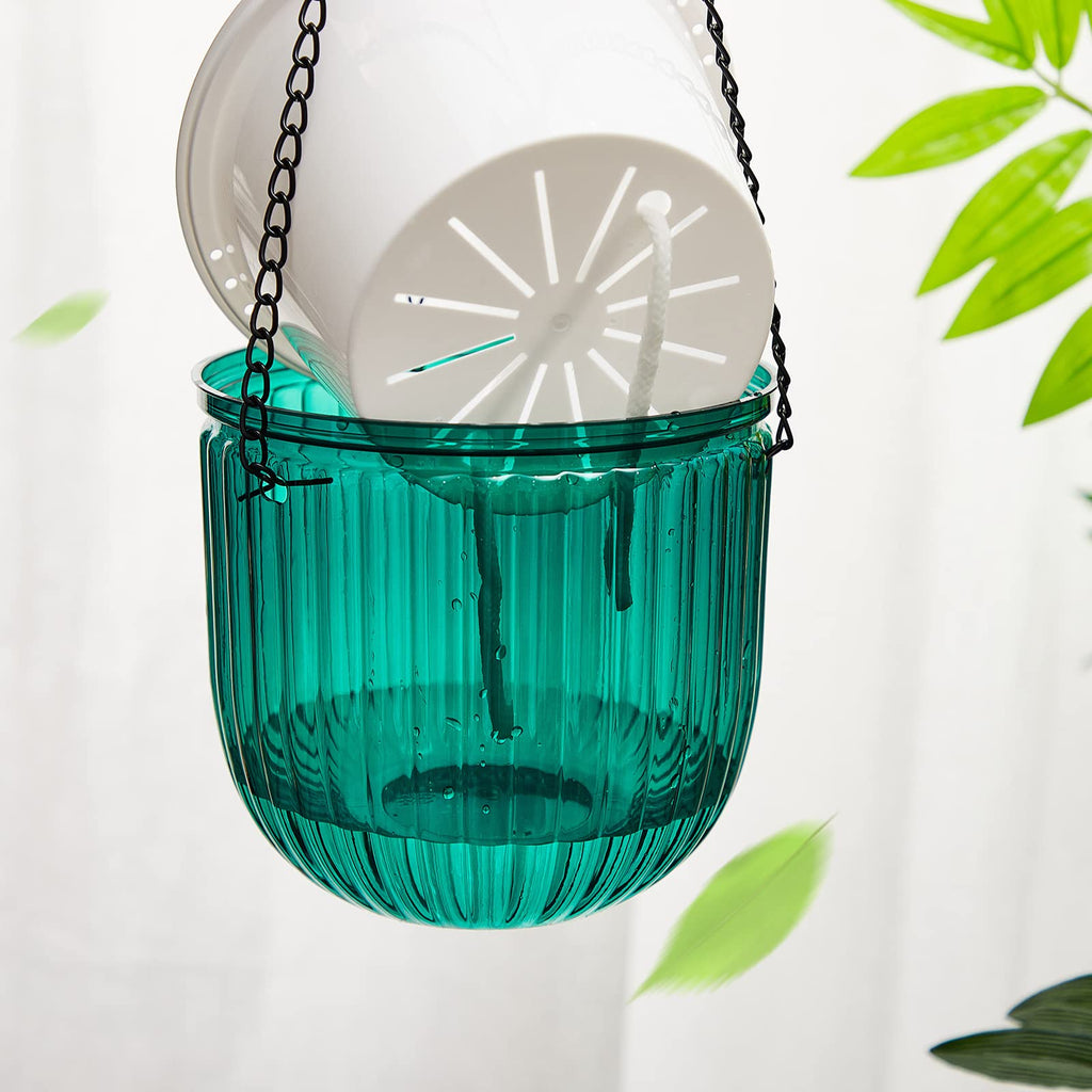 4 Pcs Self Watering Hanging Planters 6.5 Inch with Chains, Emerald
