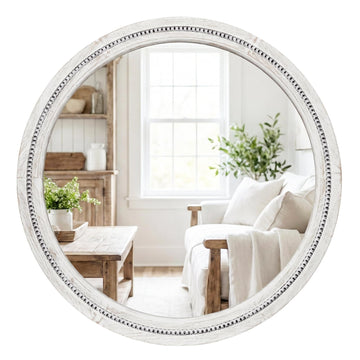 Solid Wood 30 Inch Round Beaded Bathroom Mirror, Distressed White