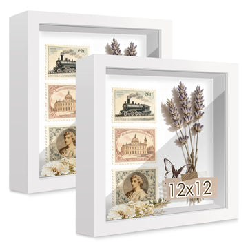 12x12 White Wooden Shadow Box Frame, Tempered Glass, 2 Pack