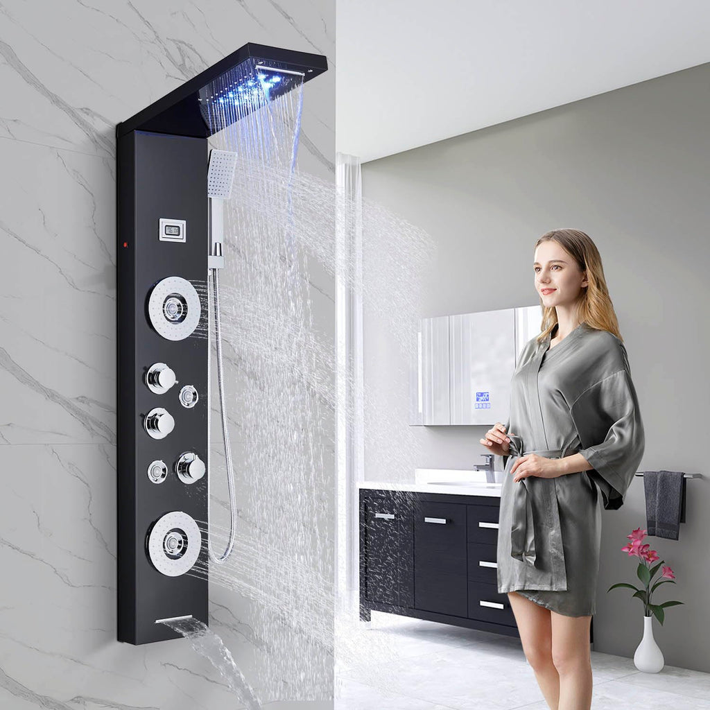 AlenArt Shower Panel Tower System Rainfall Waterfall Shower Head with Body Jets Stainless Steel Rain Massage System